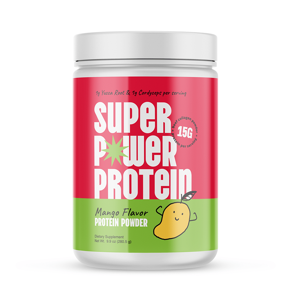 Super Power Protein supplement label design uses bold type, on a red an background, with a cute mango character on a green background.