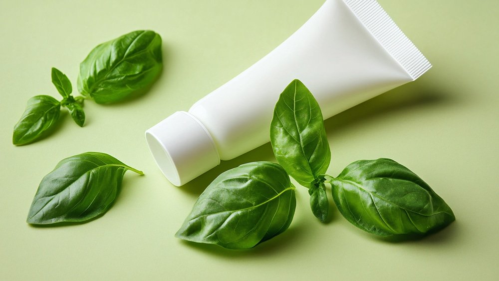 Minimalist mockup white cream tube fresh basil leaves eco-friend