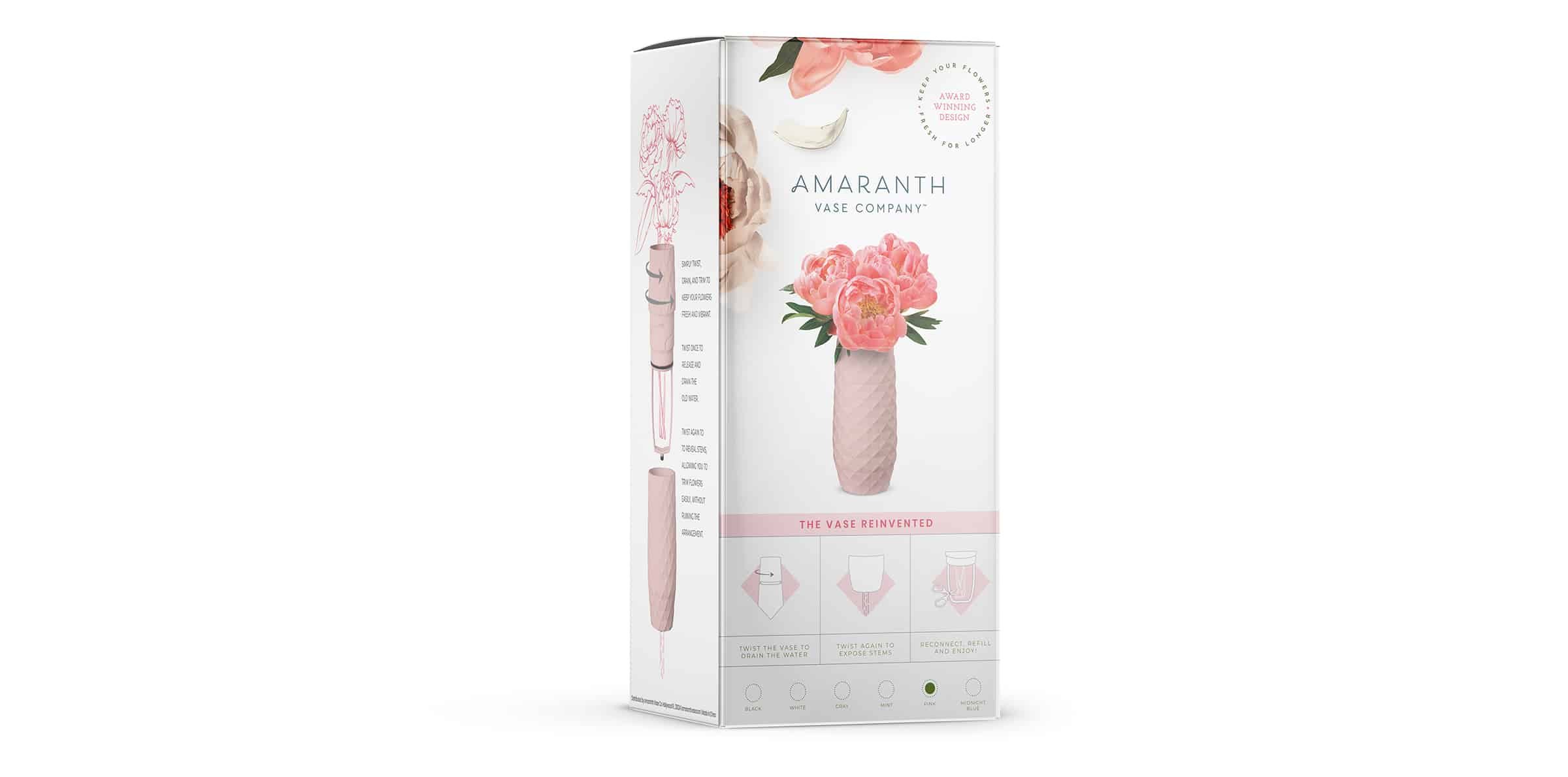 Amaranth Vase new retail packaging showing pink vase and easy-to-use illustrated instructions.