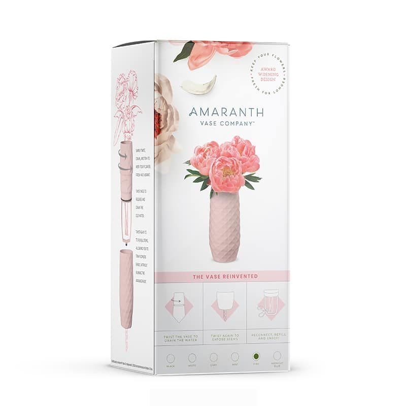 Amaranth Vase new retail packaging after redesign showing pink vase and easy-to-use illustrated instructions.