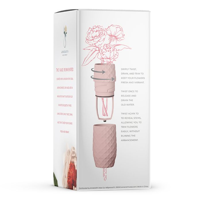 Amaranth Vase new retail packaging illustrating the functionality of a pink vase and easy to use instructions.